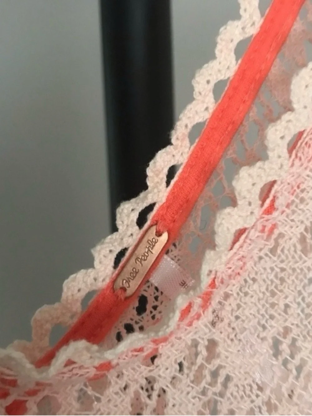 Free People Lace Babydoll Tank Pom Pom Trim Boho Festival Top Pastel Peach